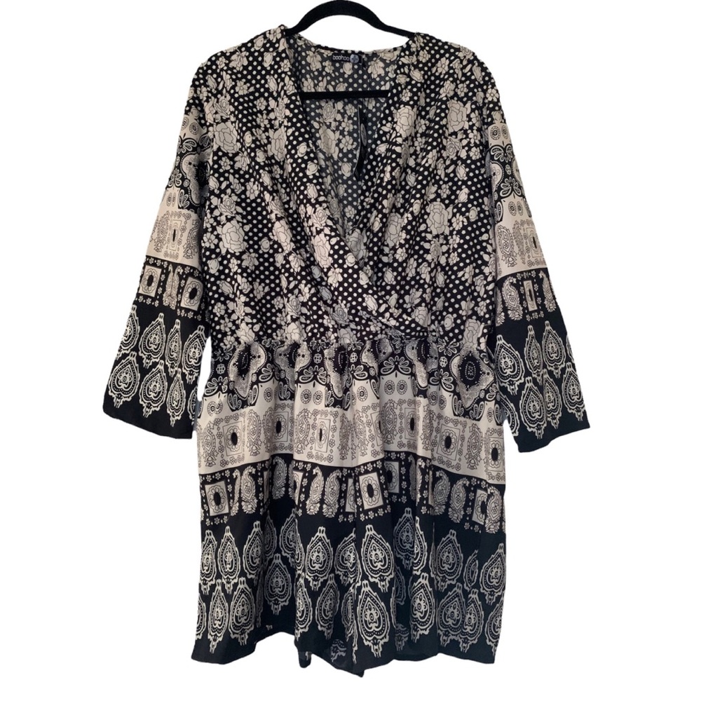 Boohoo Women's Size US 12 UK 16 Black Beige Floral Print Wrap Front Romper NWT